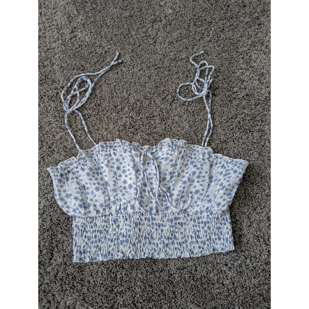 Princess Polly Blue Floral Smocked Crop Top Tie Shoulder Straps White Size 4